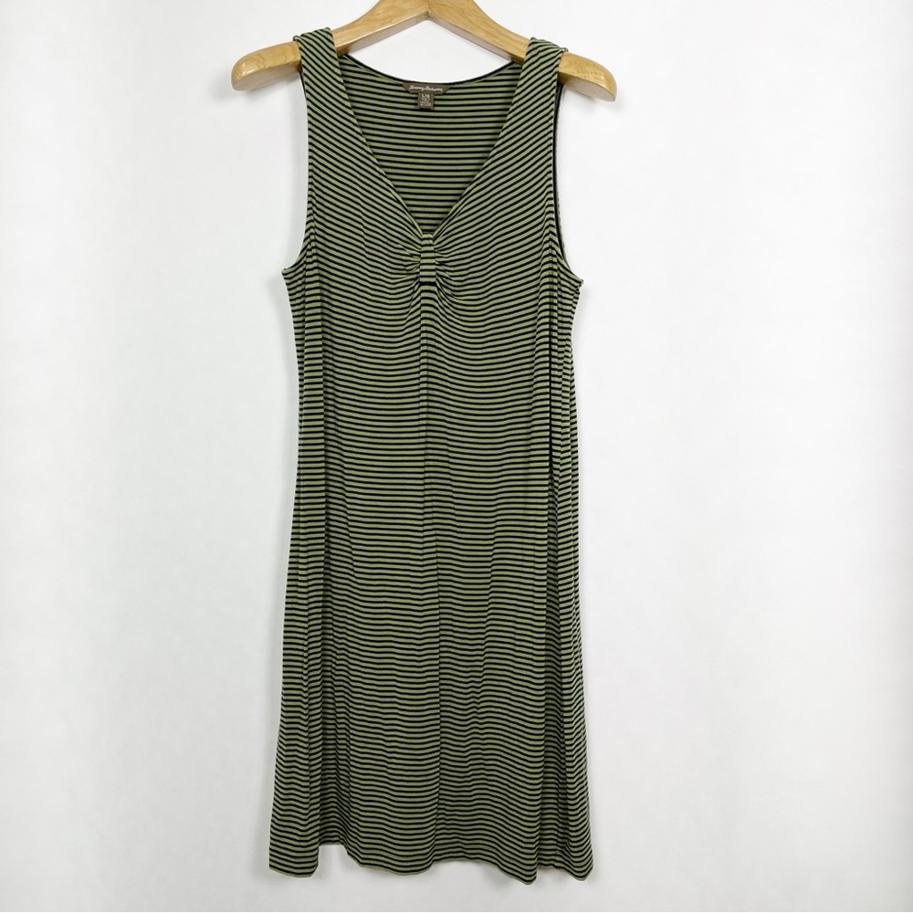 Tommy Bahama Green and Navy Striped‎ Midi Dress Sleeveless Size Large V-Neck